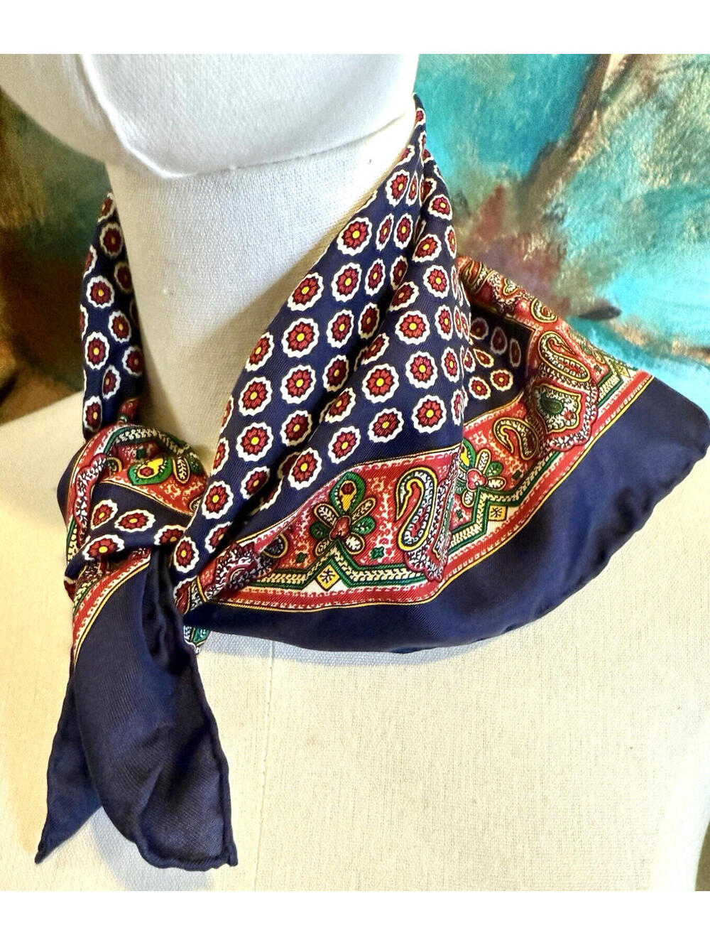 Vintage Polo Ralph Lauren Silk Square Scarf Handkerchief Bandana Paisley Navy